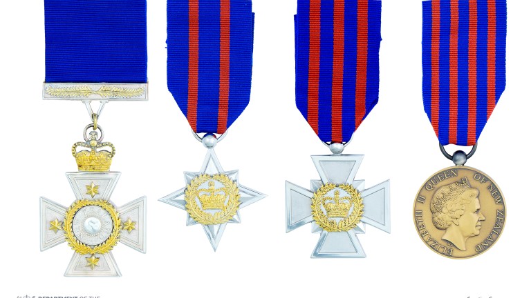 Composite image of the full-size New Zealand Bravery Awards insignia on ribbons