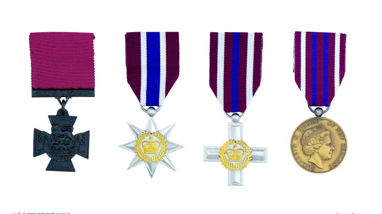 Composite image of the full-size New Zealand Gallantry Awards insignia on ribbons