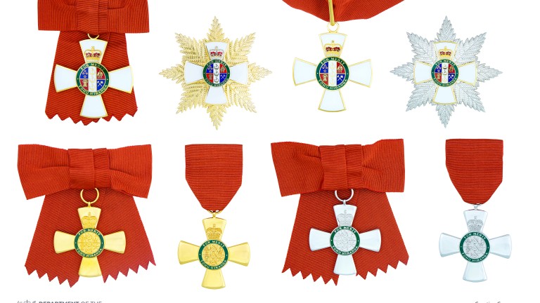 Composite of the full-size insignia of the five levels of the New Zealand Order of Merit