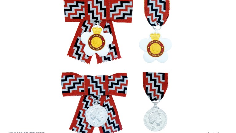 Composite image showing the full-size badge of a Companion of the Queen's Service Order on both ribbon and bow configurations, alongside the associated Queen's Service Medal also depicted on both ribbon and bow configurations