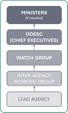 Figure 5. Levels of ODESC meetings, showing updward progression from Lead Agencied through Inter Agency Working Group to Watchgroup to ODESC to Ministers.