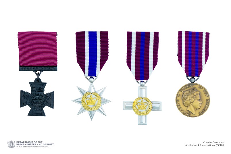 Composite image of the full-size New Zealand Gallantry Awards insignia on ribbons