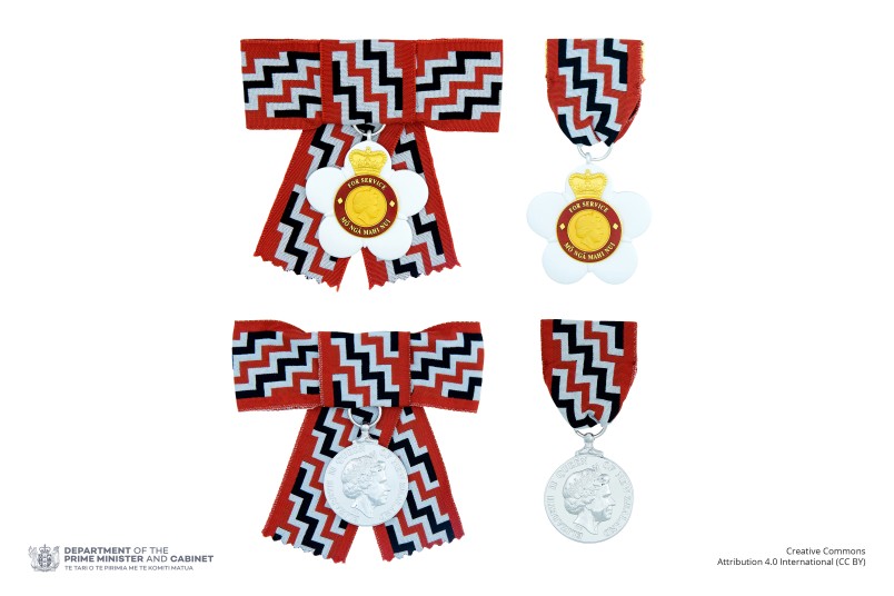 Composite image showing the full-size badge of a Companion of the Queen's Service Order on both ribbon and bow configurations, alongside the associated Queen's Service Medal also depicted on both ribbon and bow configurations