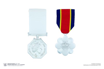 The full-size New Zealand Antarctic Medal on ribbon shown alongside the full-size New Zealand Distinguished Service Decoration on ribbon