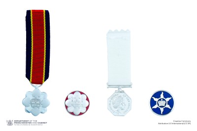 Composite image of the miniatures and lapel badges of the New Zealand Antarctic Medal and the New Zealand Distinguished Service Decoration