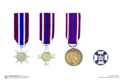 Composite image of the miniatures and lapel badges denoting the New Zealand Gallantry Awards