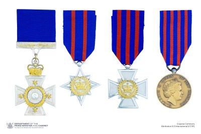 Composite image of the full-size New Zealand Bravery Awards insignia on ribbons